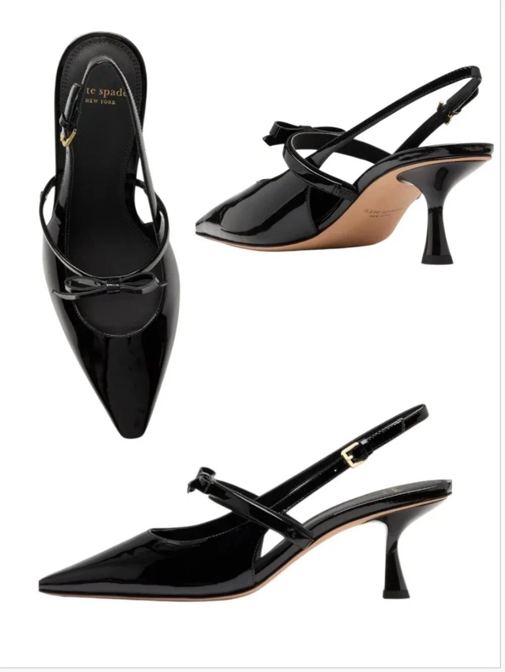 Kate Spade Carolina Slingback Pump Kitten Heels 6 Patent Leather Bow Pointed Toe